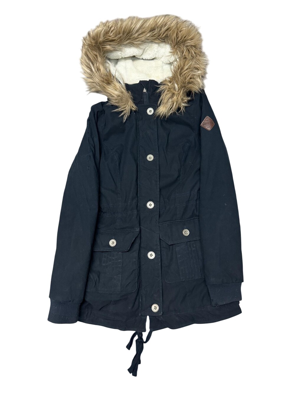 Hollister Coat Womens Small Black Faux Fur Hooded Parka Stretch Lined Jacket